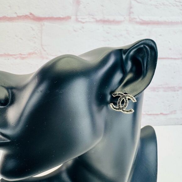 Chanel CC Enamel Glitter Silver Tone Stud Earrings - Picture 3 of 10